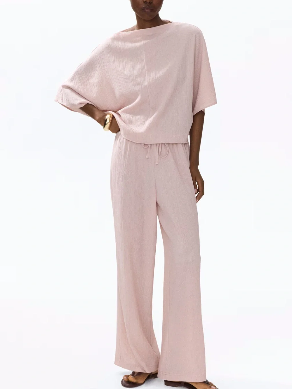 H&M NWT 2 piece SET dusty pink textured Relaxed Wide-Leg Pants & oversized top